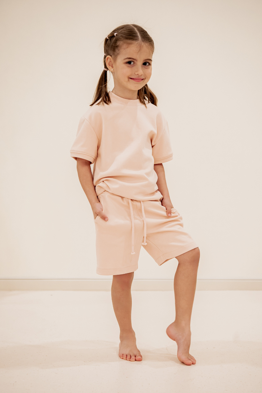 Little Yogi children's yoga T-shirt and shorts set — Peach, ages 3–6, UAE